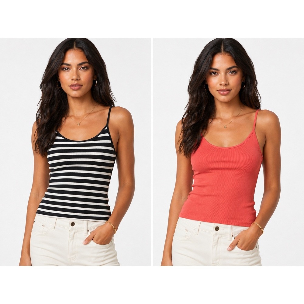 BCBGMAXAZRIA Ribbed Tank Top Set of 2 Small Black White Stripe Coral Lyocell